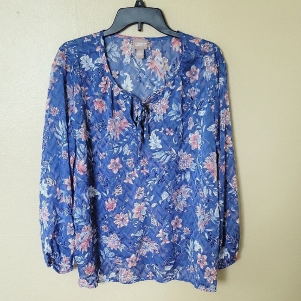 Chicos Womens Blue Floral Sheer Blouse - Size XXL